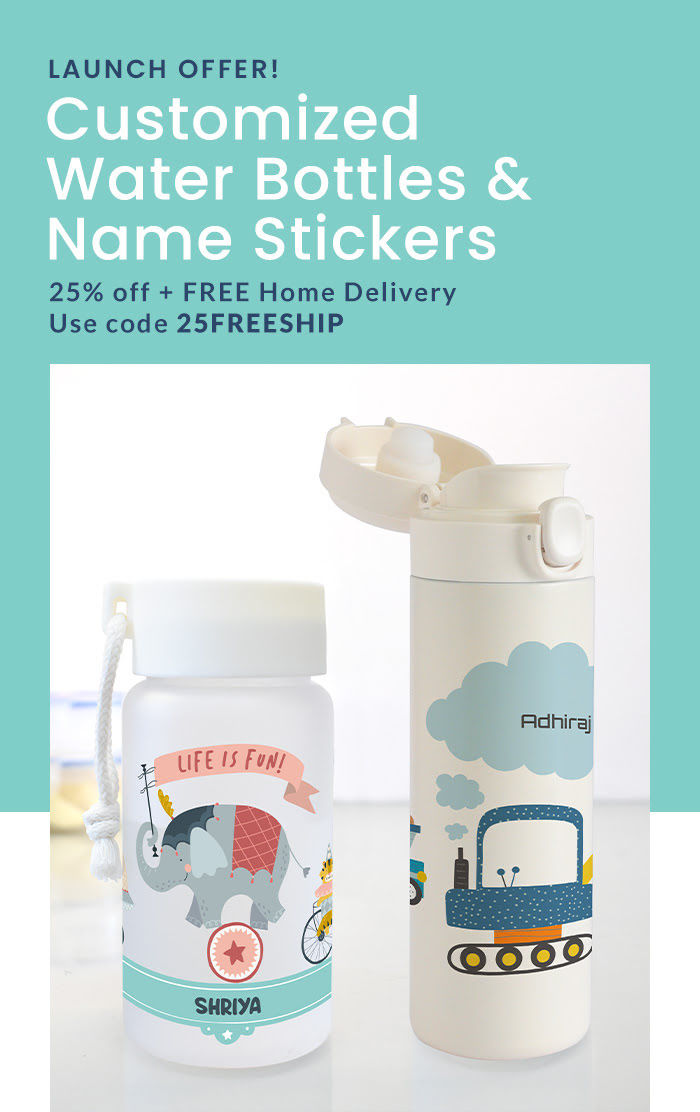 LAUNCH OFFER! Water bottles & Name Stickers. From Rs. 186 only!